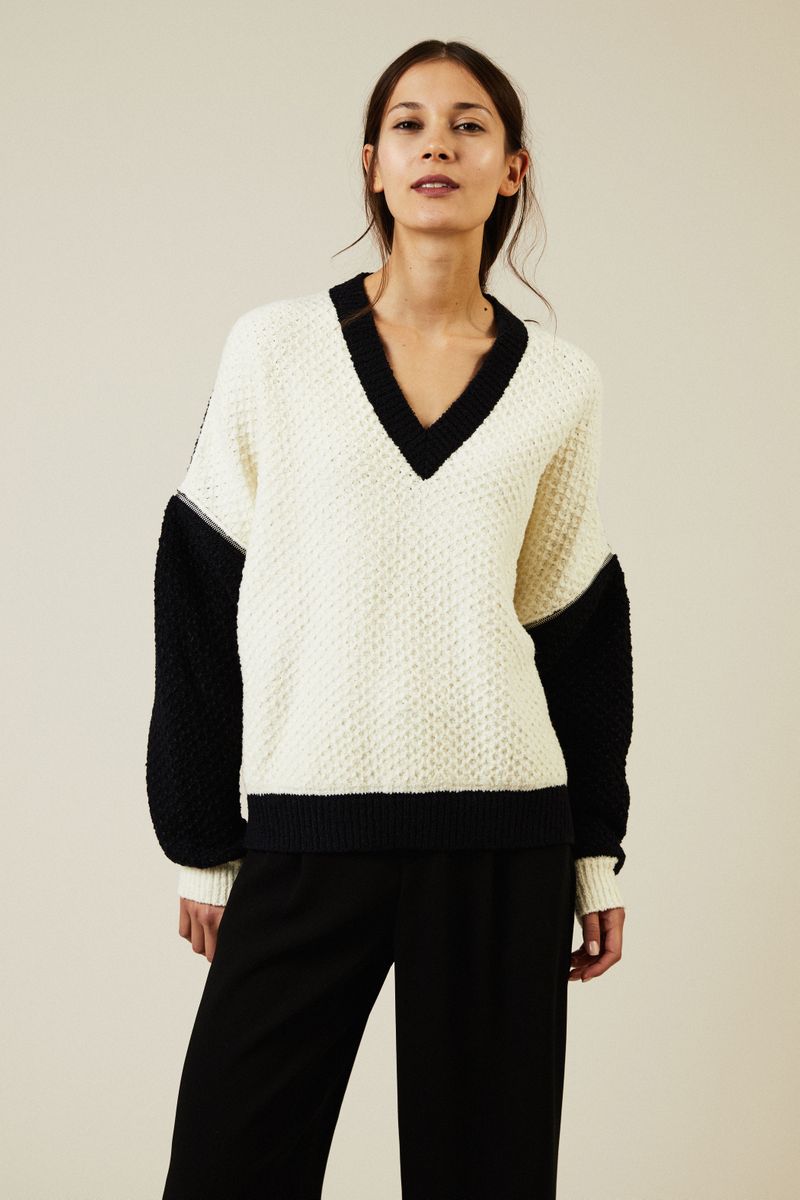 Oversize Woll-Pullover mit Reißverschlüsse Navy/Weiß