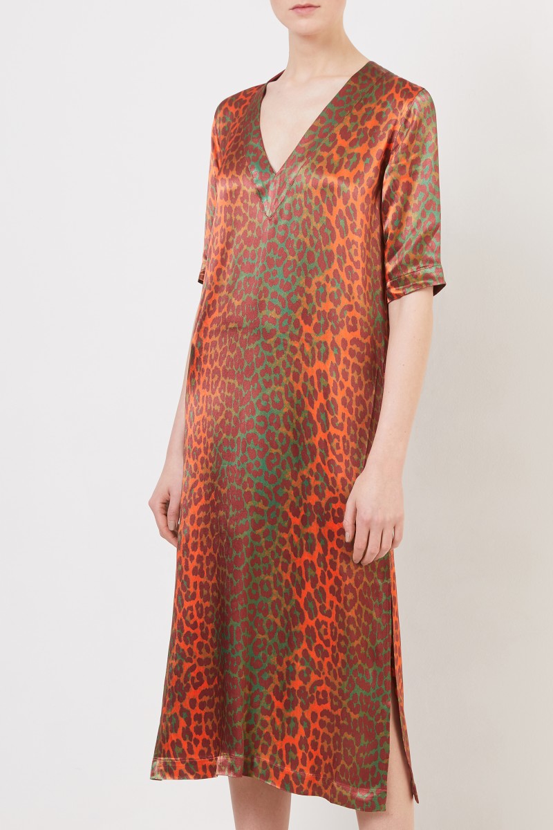 Satin-Kleid mit Leoprint Orange/Grün