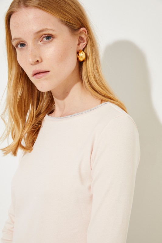 Geripptes Langarmshirt mit Lurexdetails Rosé