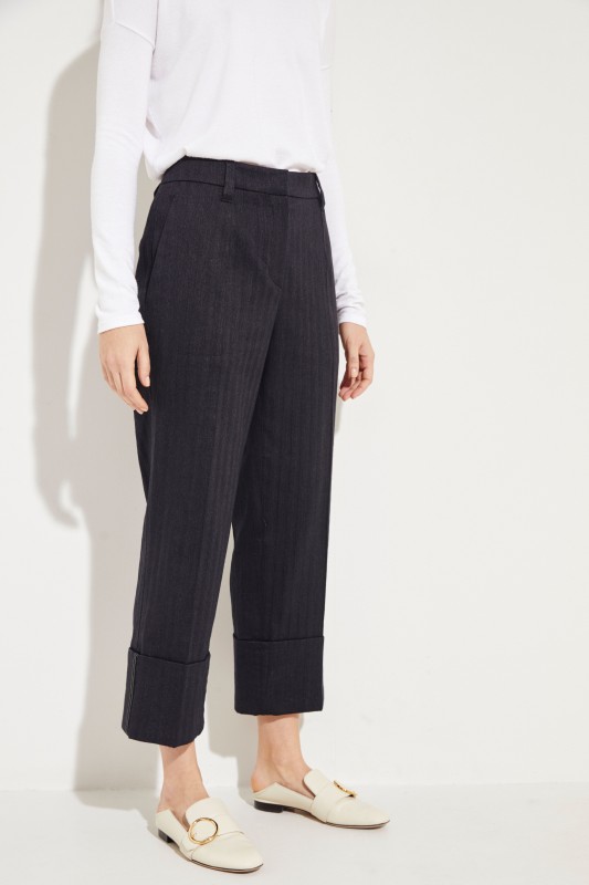 Baumwoll-Leinen-Hose mit Saumumschlag Schwarz