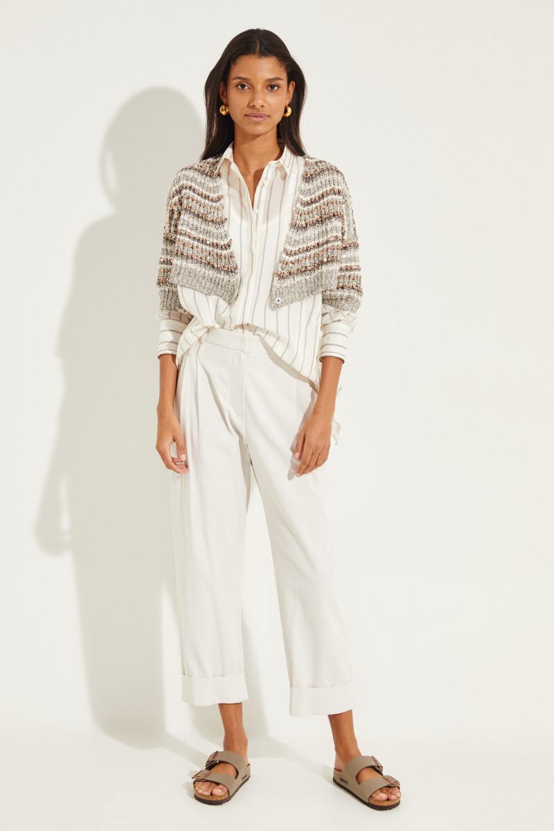 Gestreifte Baumwoll-Seiden-Bluse Beige/Crème