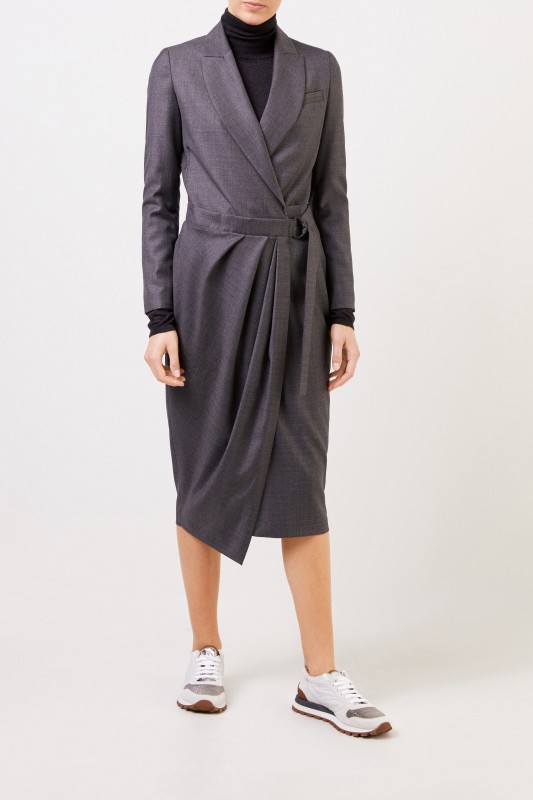 Brunello Cucinelli Woll-Hemdblusenkleid mit Wickeldetail Anthrazit