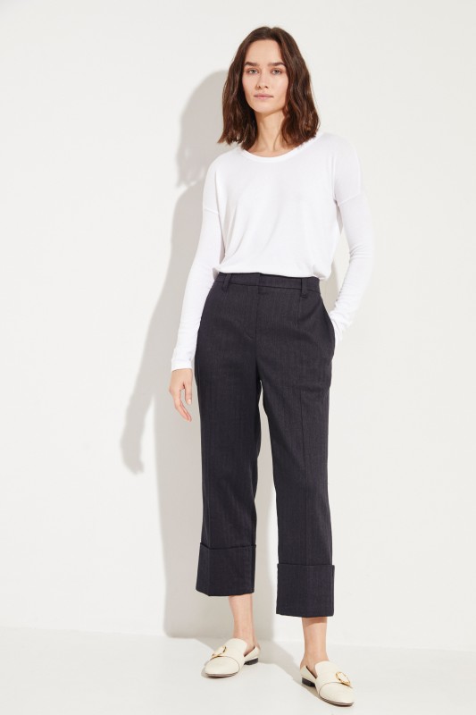 Baumwoll-Leinen-Hose mit Saumumschlag Schwarz