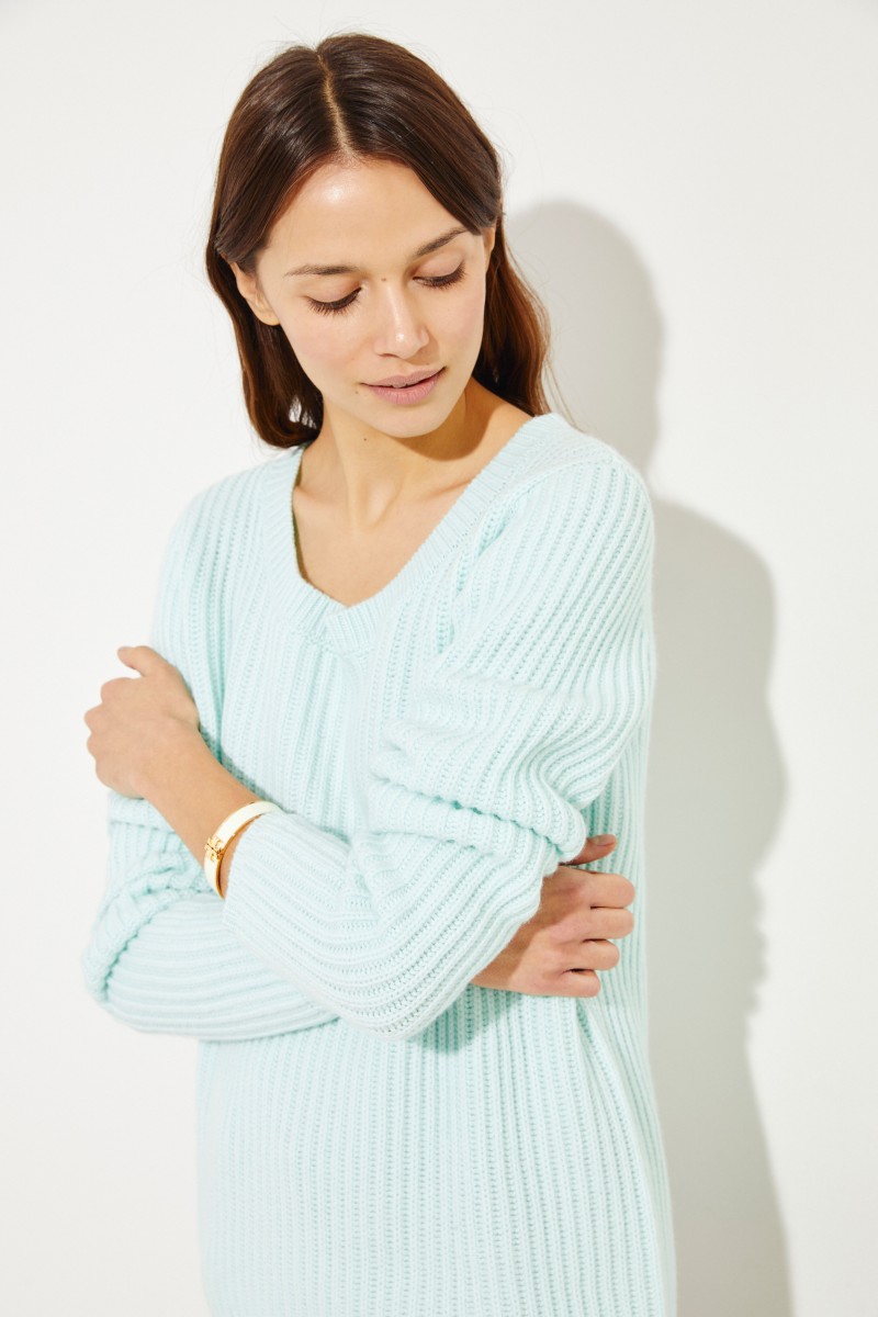 Rippstrick Cashmere-Pullover Aquablau
