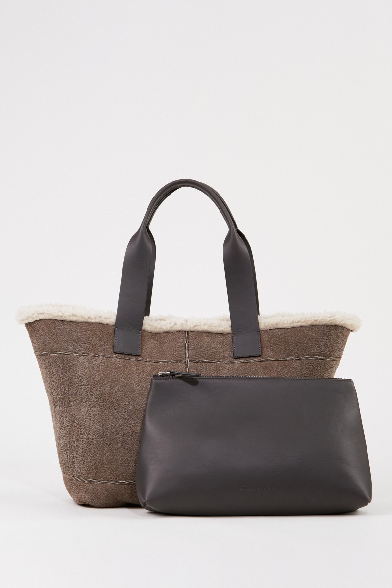Lammleder-Shopper mit Perlenverzierung Taupe