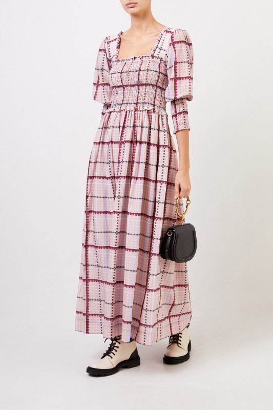 Ganni Langes Baumwoll-Seidenkleid mit Karomuster Multi
