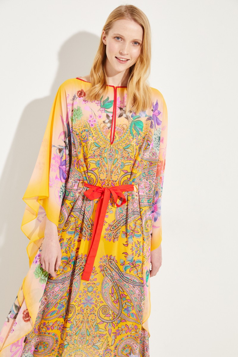 Seiden-Kaftan mit floralem Print Gelb/Multi