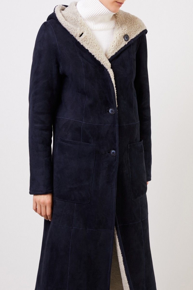 UNGER Wende-Lammfellmantel mit Kapuze Navy/Ecru