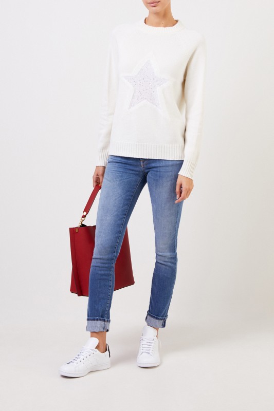 Woll-Pullover mit Sterndetail Crème