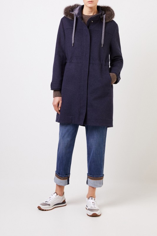 Brunello Cucinelli Woll-Cashmere-Parka mit Pelzkragen Marineblau