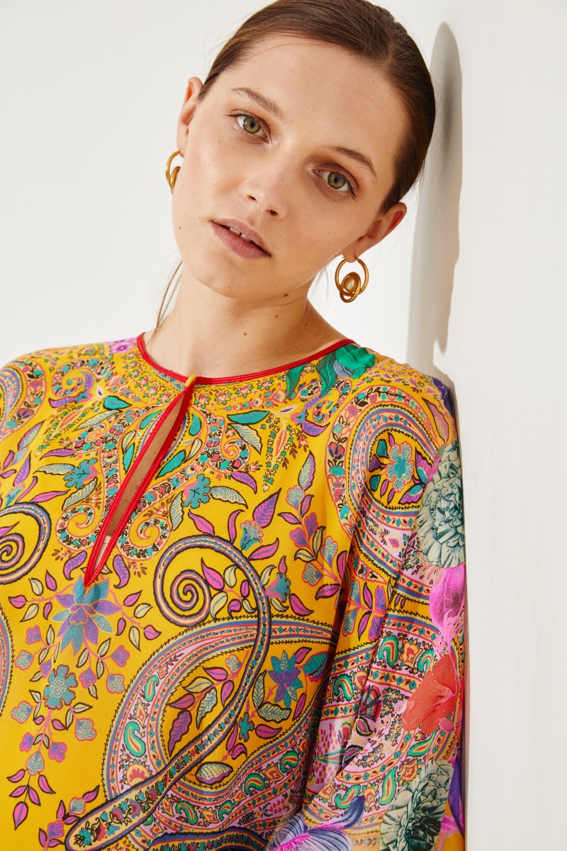 Seiden-Kaftan mit Print Gelb/Multi