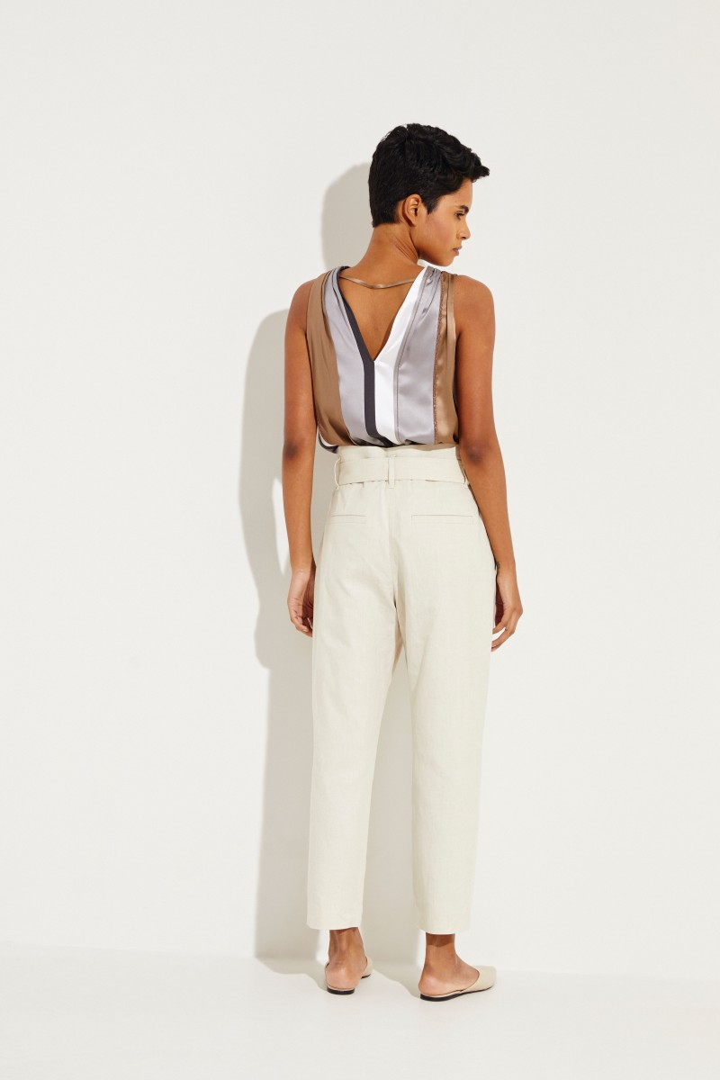 Leinen-Baumwoll-Hose mit Gürtel Beige