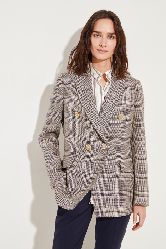 Leinen-Blazer mit Hahnentritt Grau/Multi