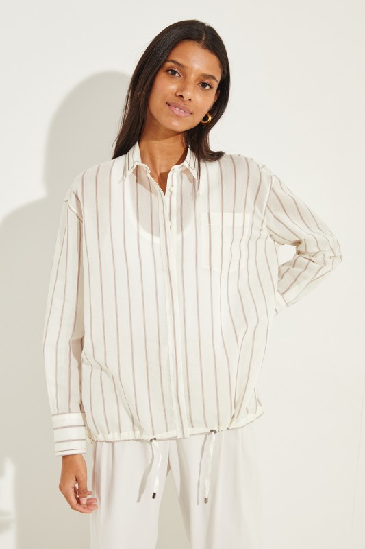 Gestreifte Baumwoll-Seiden-Bluse Beige/Crème