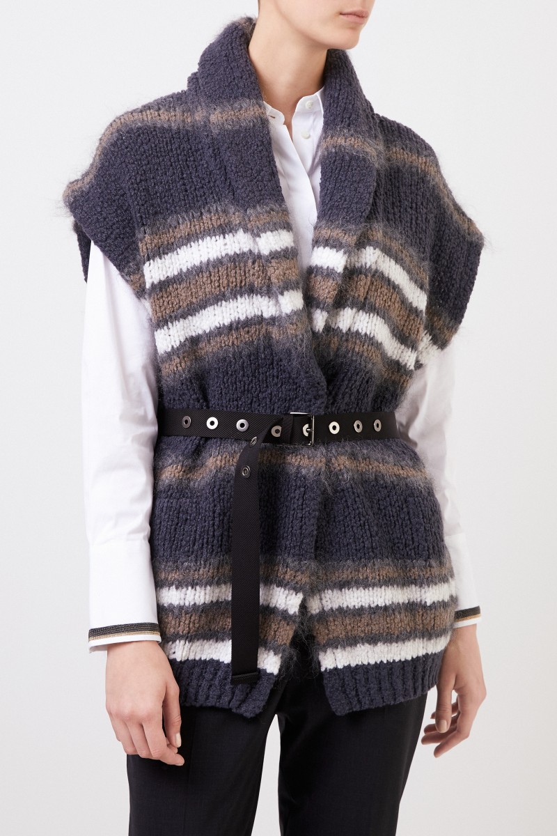 Brunello Cucinelli Kurzarm Woll-Cardigan mit Gürtel Grau/Multi