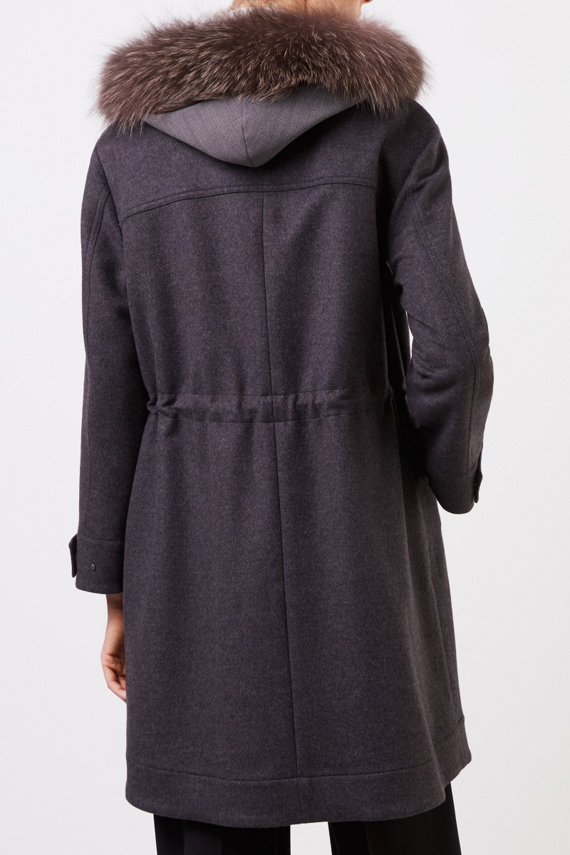 Brunello Cucinelli Woll-Cashmere-Parka mit Pelzkragen Anthrazit