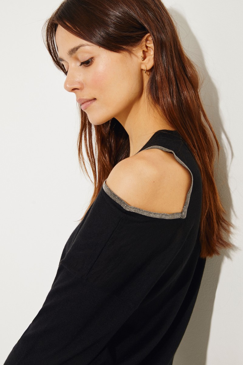 Seide-Cashmere Pullover mit Perlenverzierung Schwarz