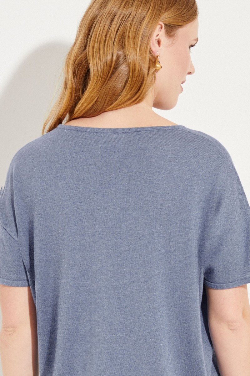 Kurzarm Seiden-Cashmere-Pullover Blau
