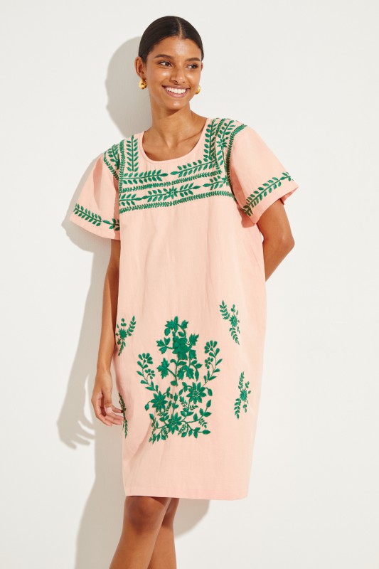 Baumwoll-Leinen-Kleid 'San Pedro' mit Stickerei Orange/Grün