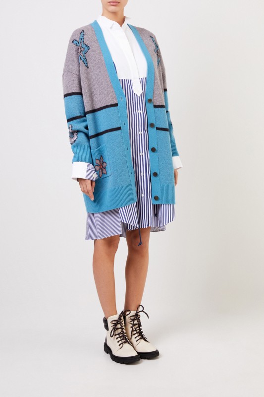 Woll-Cardigan Grau/Blau