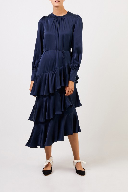 Zimmermann Midi-Seidenkleid mit Volants Blau