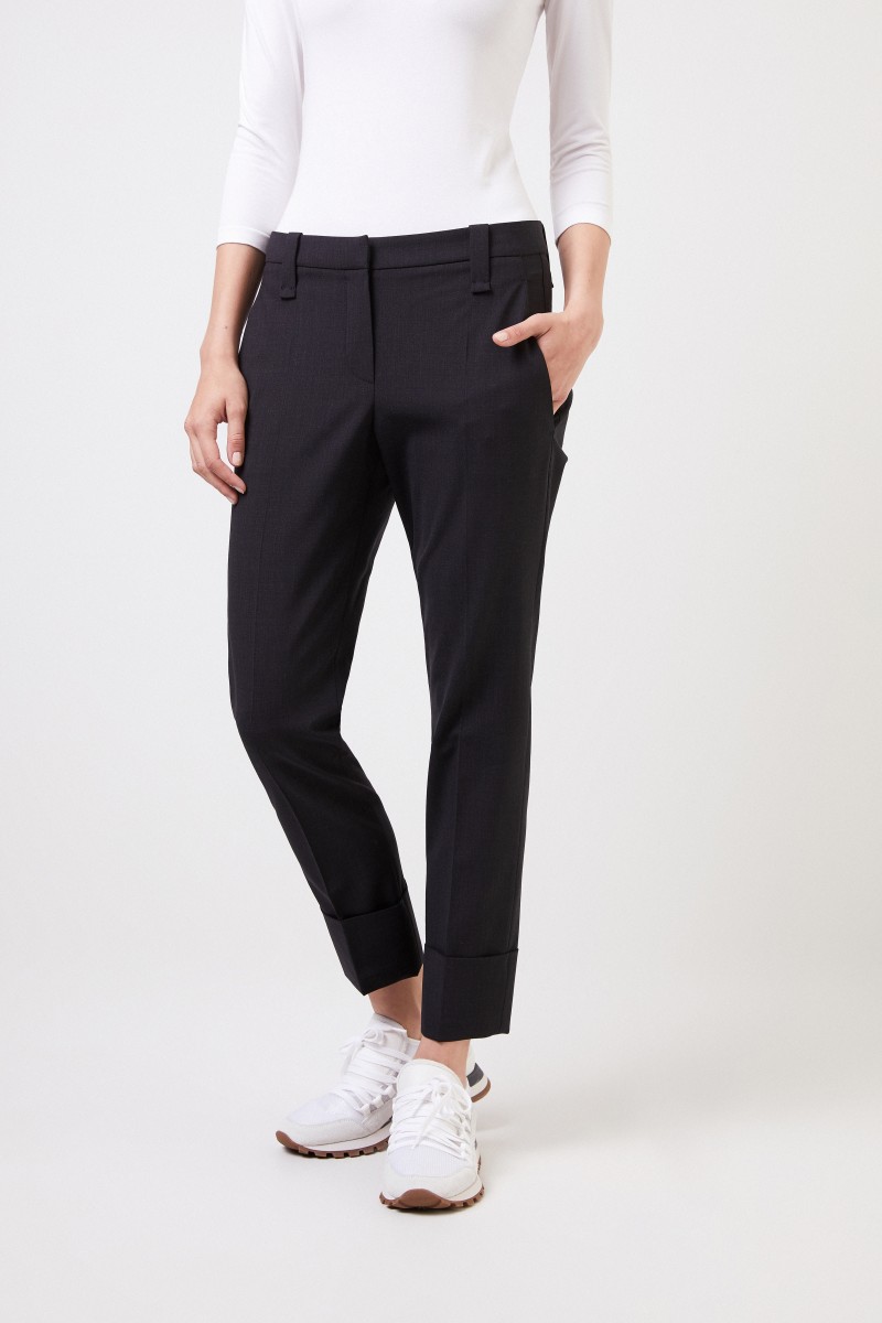 Woll-Hose mit Saumumschlag Schwarz