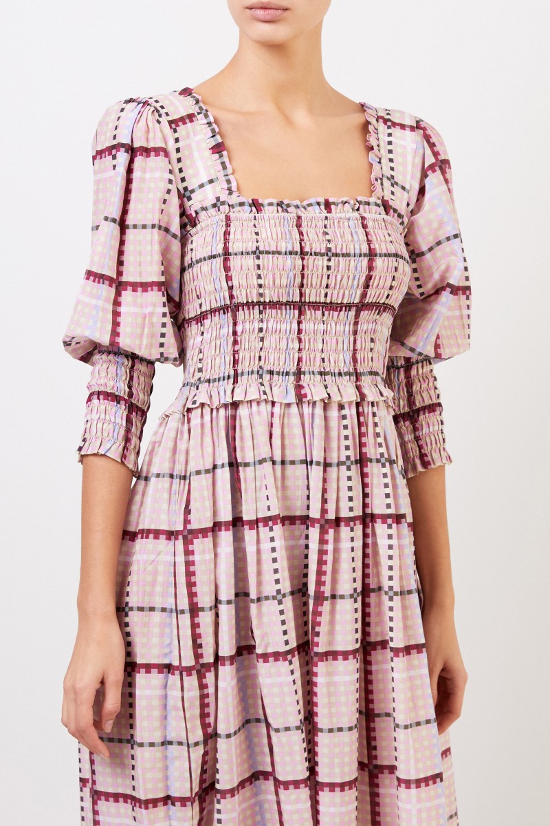 Ganni Langes Baumwoll-Seidenkleid mit Karomuster Multi
