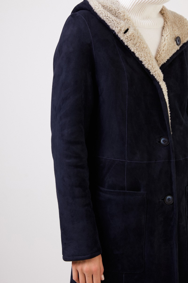 UNGER Wende-Lammfellmantel mit Kapuze Navy/Ecru