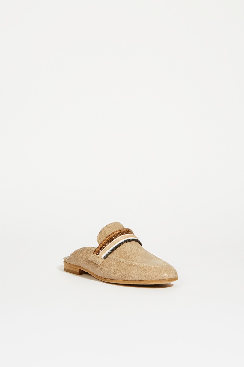 Leder-Mule mit Perlenverzierung Beige