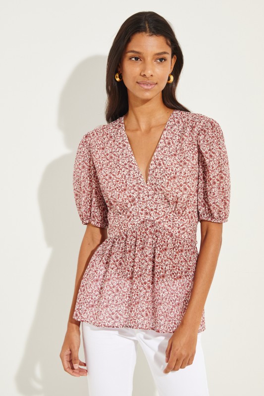 Baumwoll-Seiden-Top mit floralem Print Rot/Multi