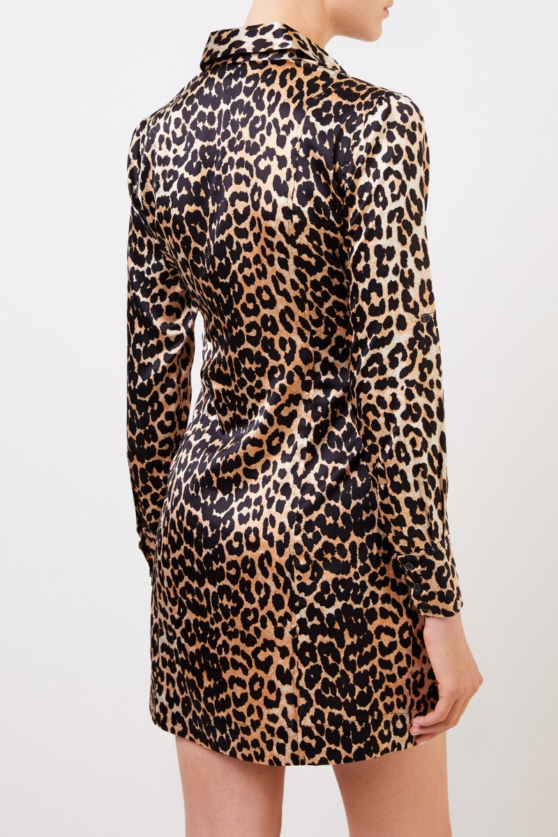 Ganni Seiden-Hemdblusenkleid mit Leoprint Multi