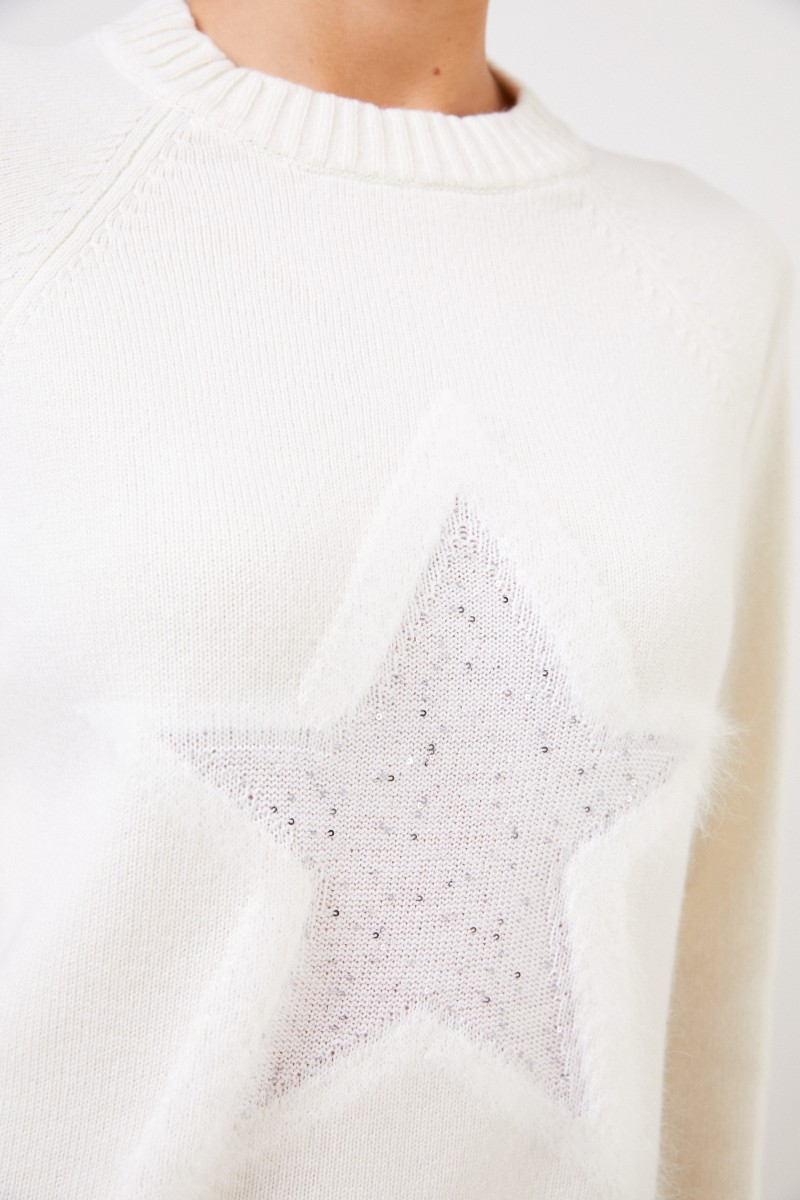 Woll-Pullover mit Sterndetail Crème