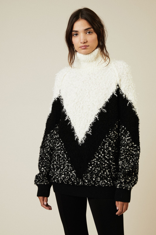 Mohair-Woll-Rollkragenpullover Weiß/Schwarz