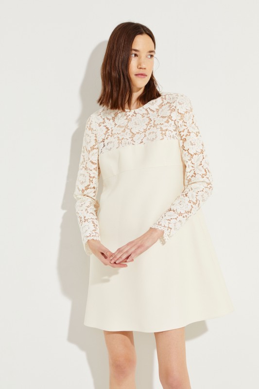 Woll-Seiden-Kleid mit Spitzendetails Créme