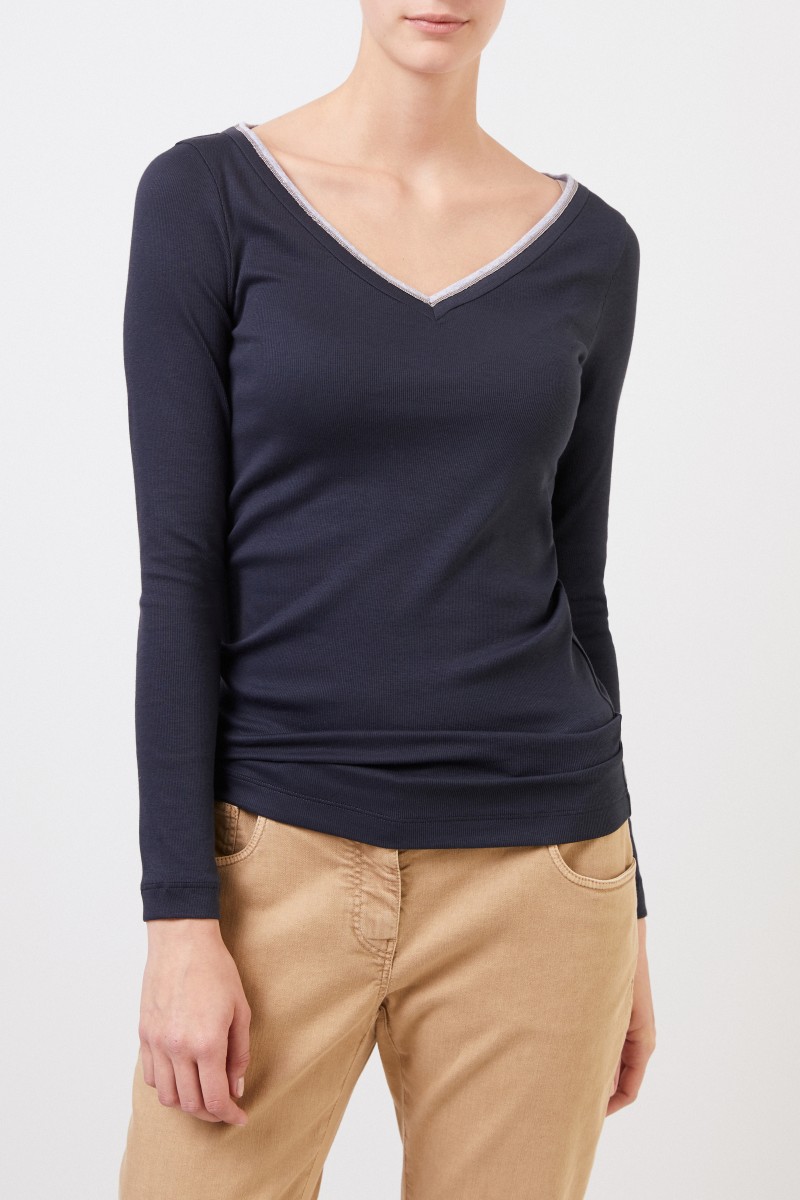 Brunello Cucinelli Geripptes Baumwoll-Longsleeve Blau