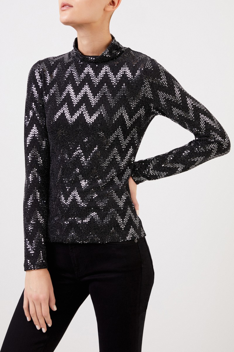 Langarmshirt mit Pailletten Schwarz/Silber