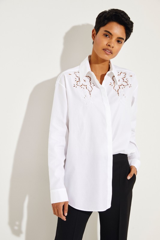 Baumwoll-Bluse mit floraler Spitze Weiß