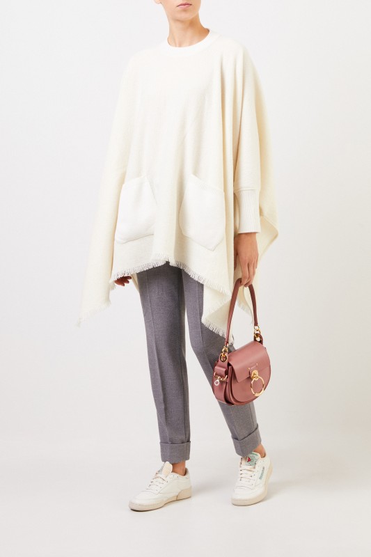 Cashmere-Poncho mit Fransen Crème