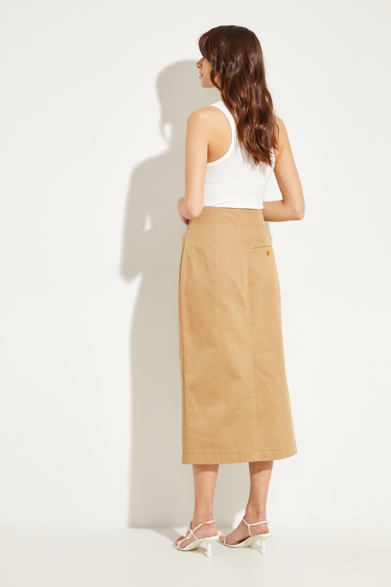 Midi-Baumwoll-Rock mit Knöpfen Beige