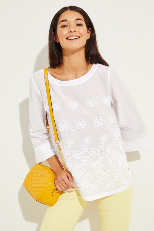Baumwoll-Bluse mit floraler Stickerei Weiß