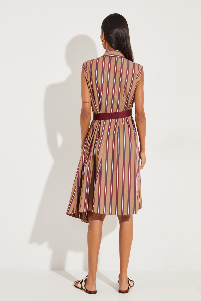 Gestreiftes Hemdblusenkleid mit Gürtel Beige/Bordeaux