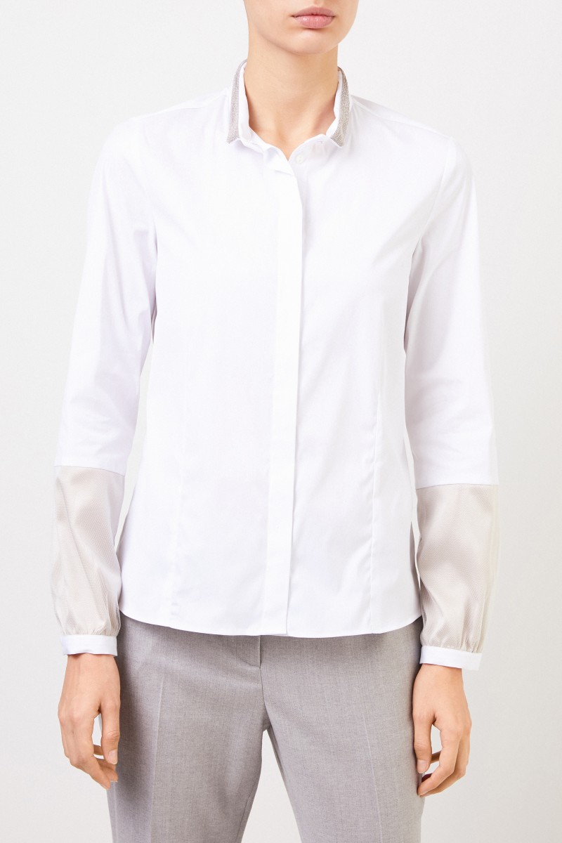 Klassische Baumwollbluse mit Netzdetail Weiß