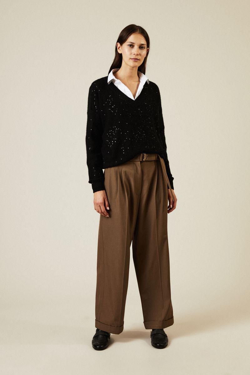 Woll-Hose mit weitem Bein Camel