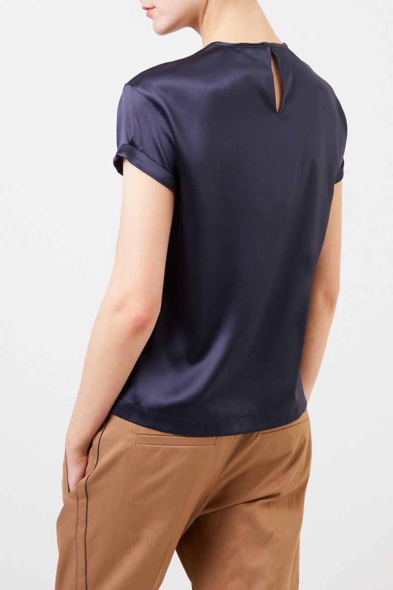 Brunello Cucinelli Seiden-Top mit Perlenverzierung Marineblau