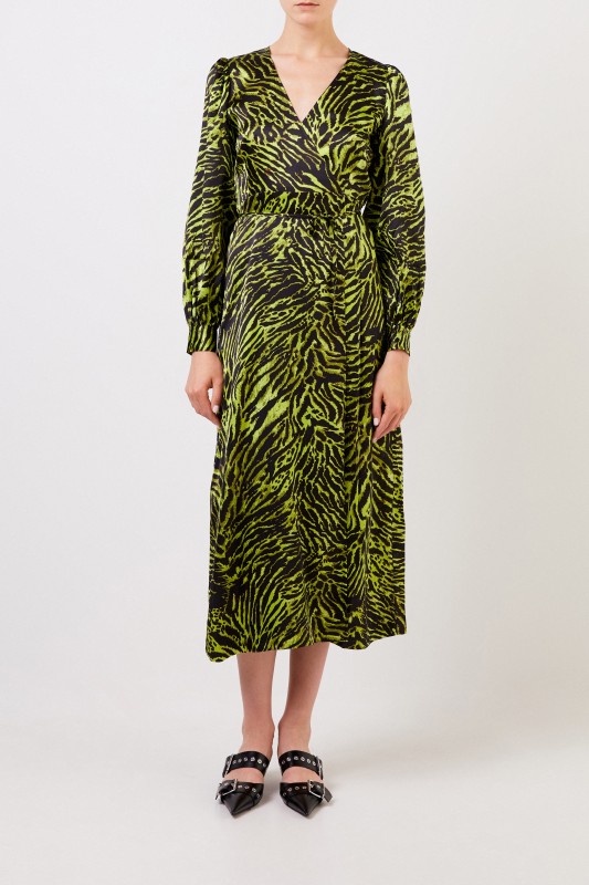 Ganni Seiden-Wickelkleid mit Tigerprint Multi