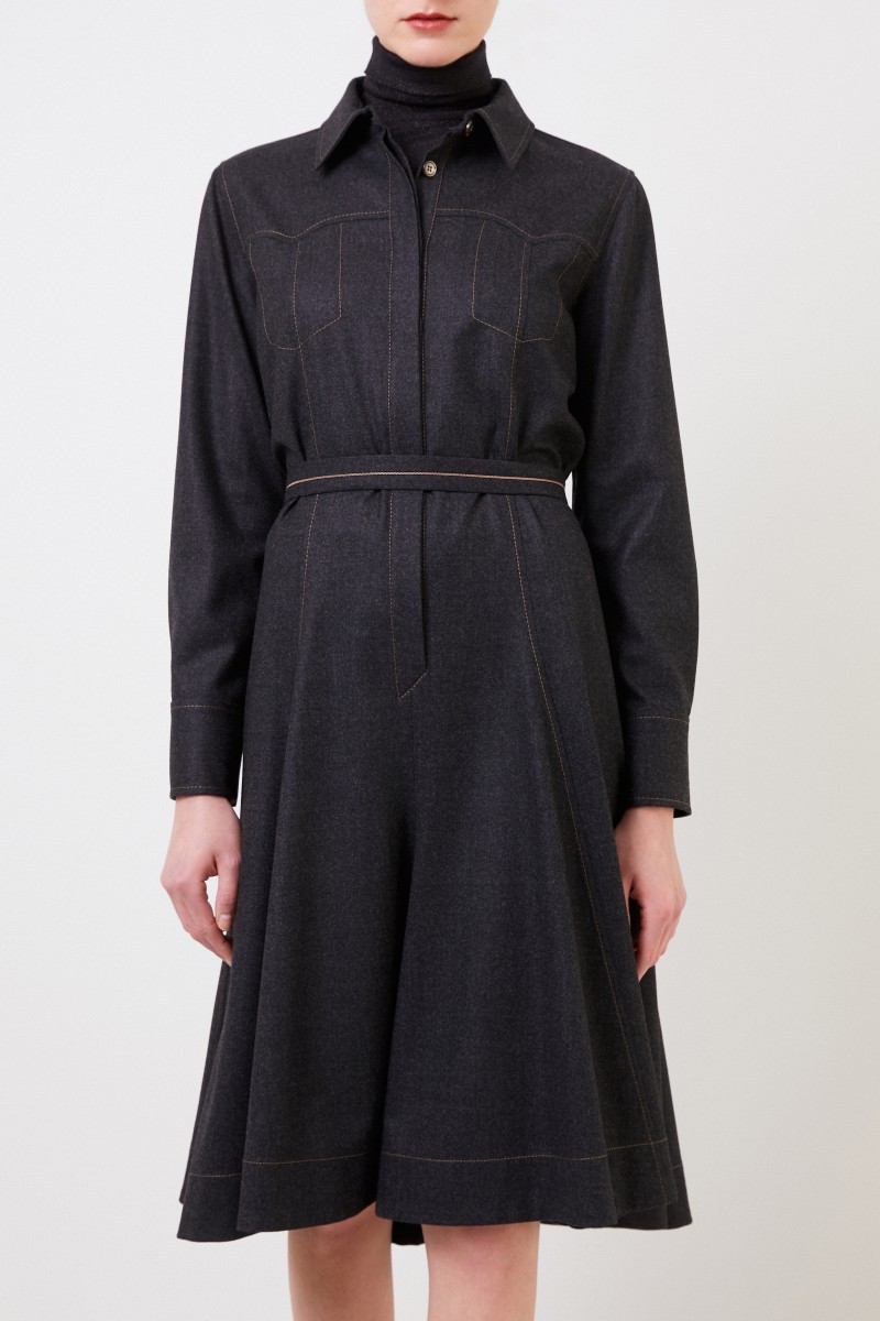 Brunello Cucinelli Woll-Hemdblusenkleid mit Perlenverzierung Grau