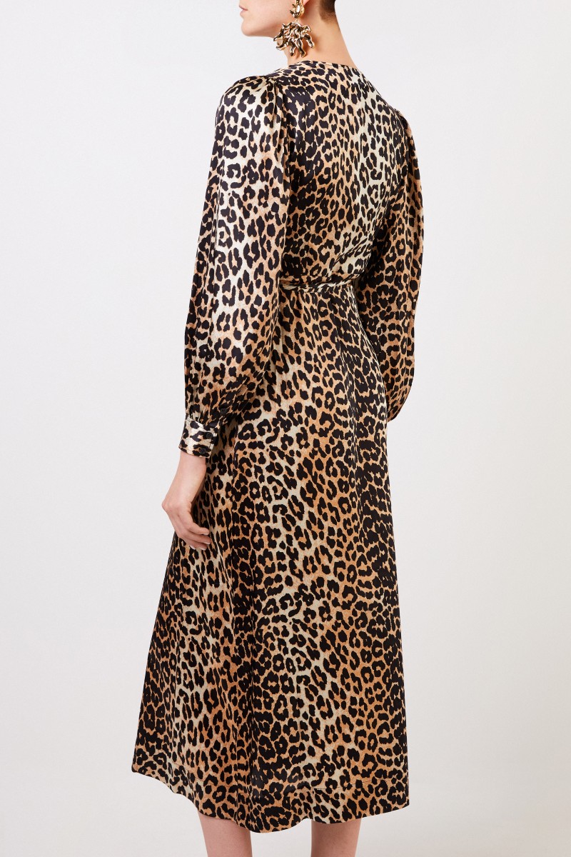 Ganni Seiden-Wickelkleid mit Leoprint Multi