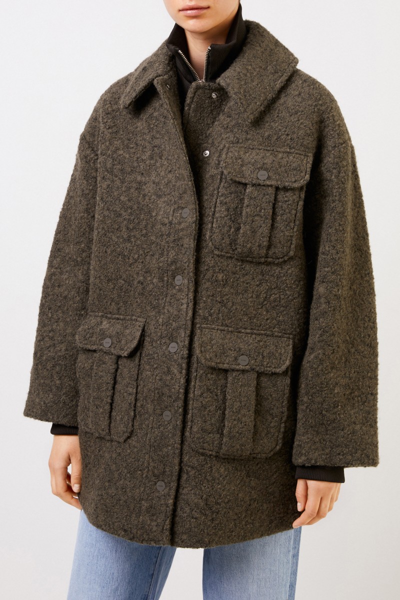 Woll-Mantel aus texturierter Bouclé-Wolle Khaki