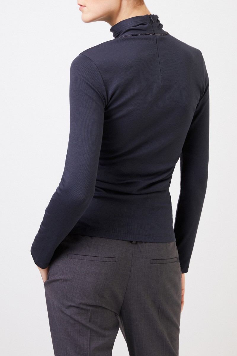Brunello Cucinelli Geripptes Baumwoll-Longsleeve mit Turtle-neck Blau