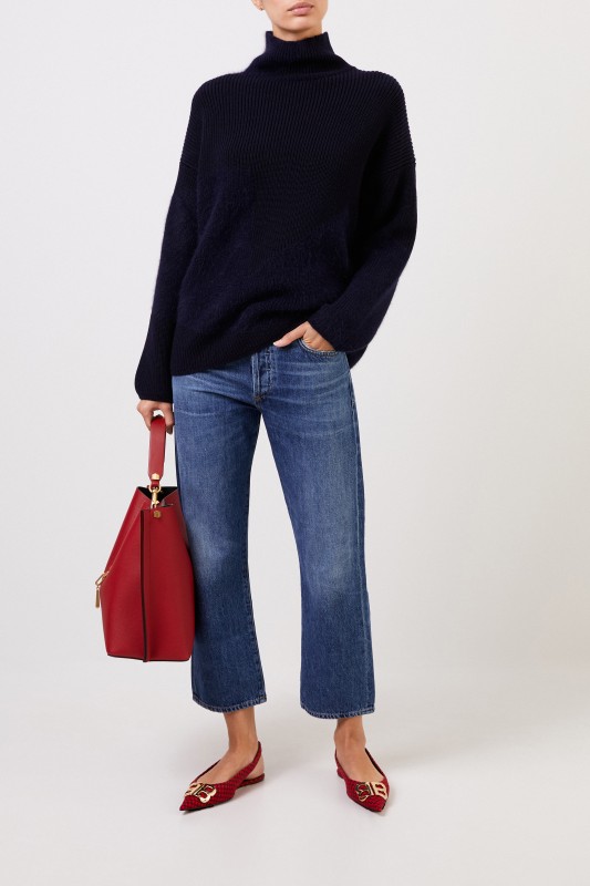 Wollpullover mit Stehkragen Marineblau